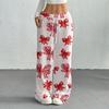 Women's Casual Fashion Printed Elastic Waist Loose Straight Leg Pants With Rope