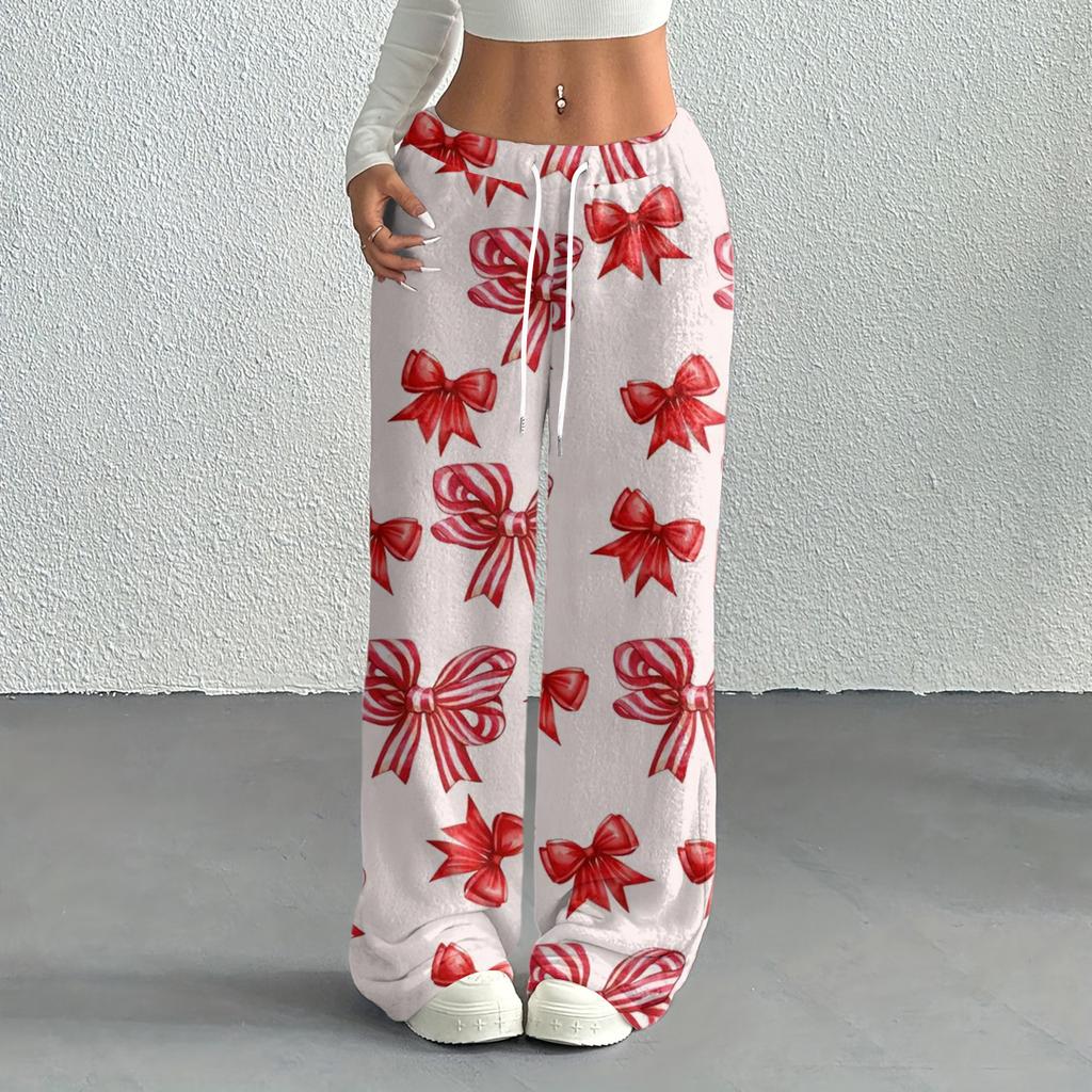 Women's Casual Fashion Printed Elastic Waist Loose Straight Leg Pants With Rope