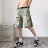 JYL Men's Denim Shorts Vintage Side Zip Mud Dyed Ripped Loose High-Street Denim