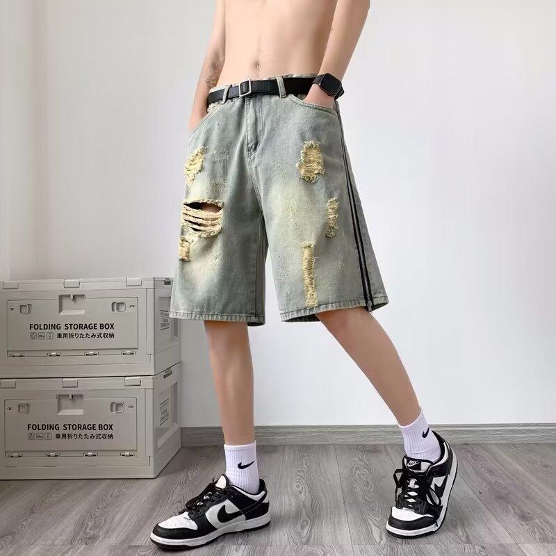 JYL Men's Denim Shorts Vintage Side Zip Mud Dyed Ripped Loose High-Street Denim