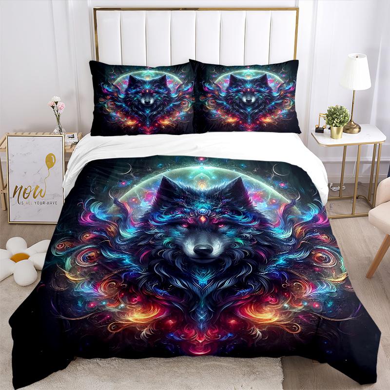 3pcs Psychedelic Journey Wolf Printed Quilt Set - Soft and Comfortable Quilt Cover for Bedroom, Guest Room and Dormitory