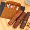 Leather Roll-Up Pouch W/ Embossed Buckle Vintage Treasure Map Pencil Case Large Capacity School Office Organizer