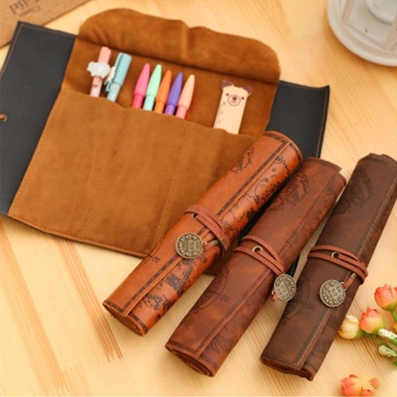 Leather Roll-Up Pouch W/ Embossed Buckle Vintage Treasure Map Pencil Case Large Capacity School Office Organizer
