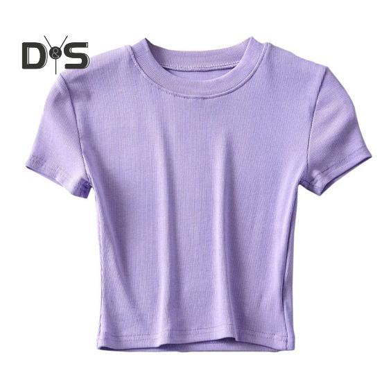 Women Summer Crop Top O Neck Short Sleeve Slim Fit Stretchy Solid Color Waist Exposed Casual Soft Breathable Lady T Shirt