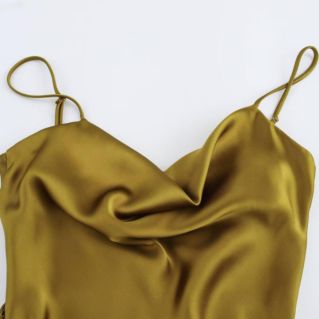 2025 Spring Women's European & American Style Belted Silk Satin Dress