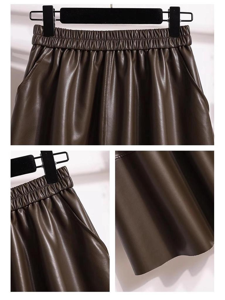 Fustă Midi A-Line Maro din Piele PU cu Talie Înaltă Mărimi Mari pentru Femei