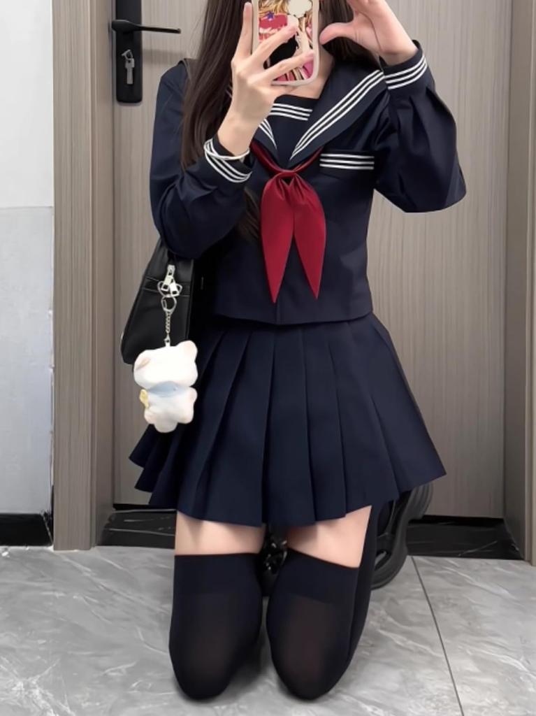 Bubu Ohana Langermet Sjømannsuniform Topp og Underdelssett med Plissert Mini Cosplay Halloween Event Kostyme med Settstørrelse L Størrelse Skjørt, Uniform,