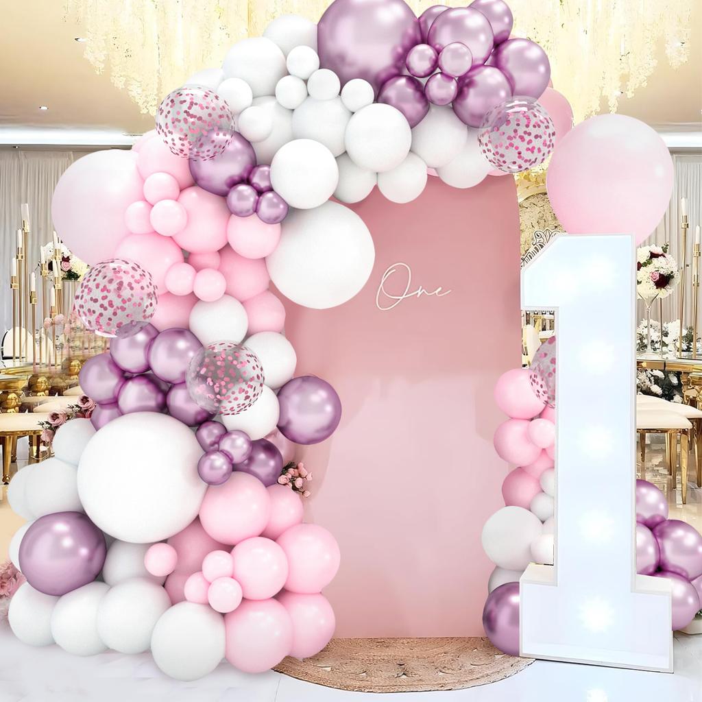 Rosa Vit Ballonggirlang Båge Kit Bröllop Födelsedag Fest Dekoration Barn Flicka Baby Shower Festtillbehör Konfetti Latexballong
