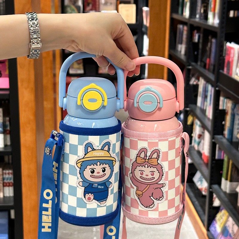 High-Quality 316 Stainless Steel Cute Portable Cartoon Large-Capacity Insulated Cup for Children, Student Double-Drink Straw Water Cup