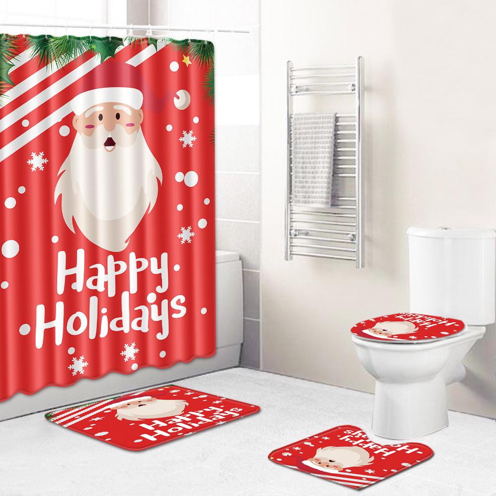 Christmas Shower Curtain Floor Mat Combination Four-Piece Set Bathroom Toilet Carpet Shower Room Mat Foot Mat