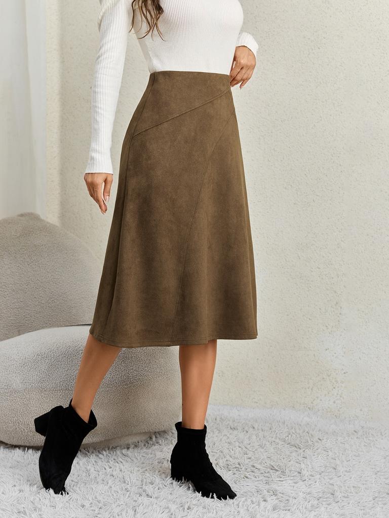 Damen Unifarbener Patchwork Wildleder Reißverschluss Rock Hohe Taille Schnalle Umwickelte Hüfte Kurzer Rock Mittellanger Rock
