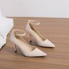Wide one-word buckle with pointed tip, thin heel, light mouth, fiber high heels for women, daily commuting heels for women
