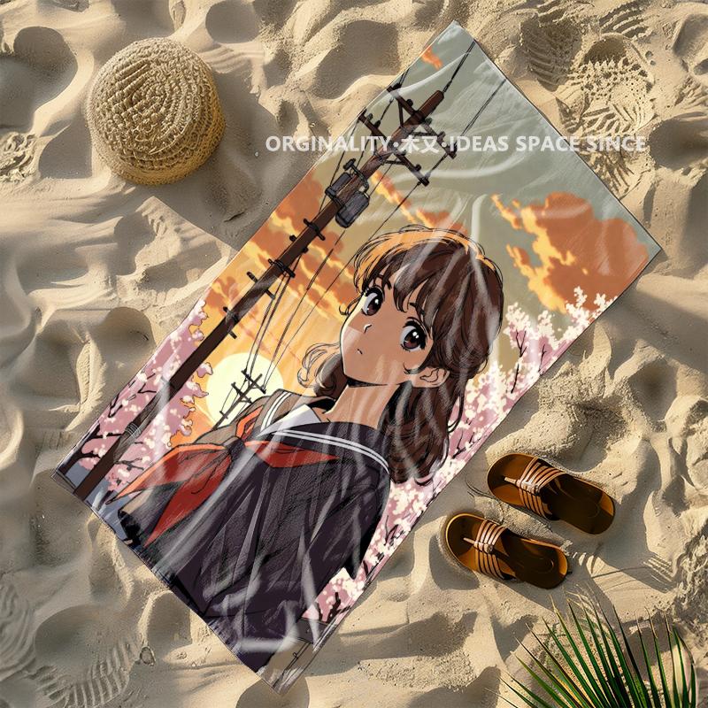 Sakura Girl Sunset Beach Towel Patterned Sunscreen And Windproof Suitable For Swimming Pool Camping Travel Blanket