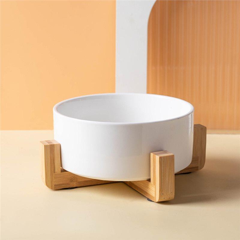 B97A-Deluxe Small White Stoneware Wood Pet Bowl Cat Water Bowl& Food Bowl With Stand For Dogs And Cats