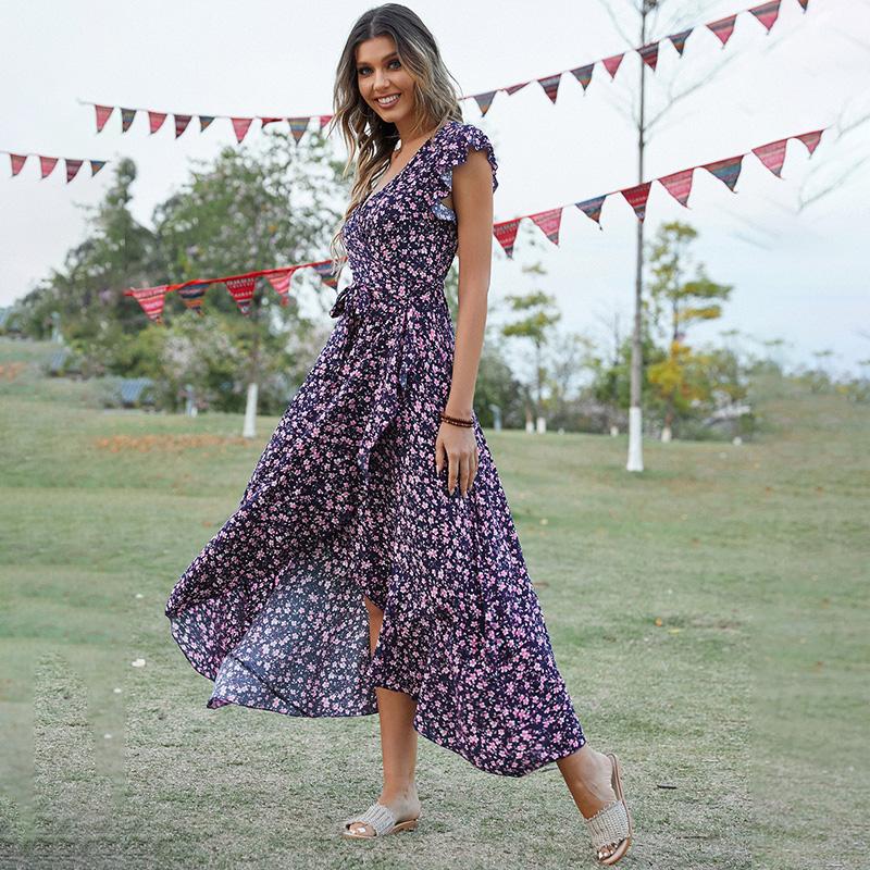 Women's Bohemian Floral Print V-Neck Tie Waist Maxi Dress Rayon Beach Vacation Flowy A-Line