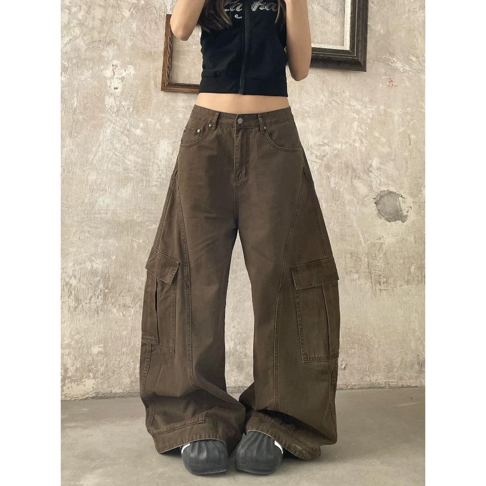 FansiYu 2025 Autumn High-Waisted Loose Straight Leg Cargo Jeans for Women