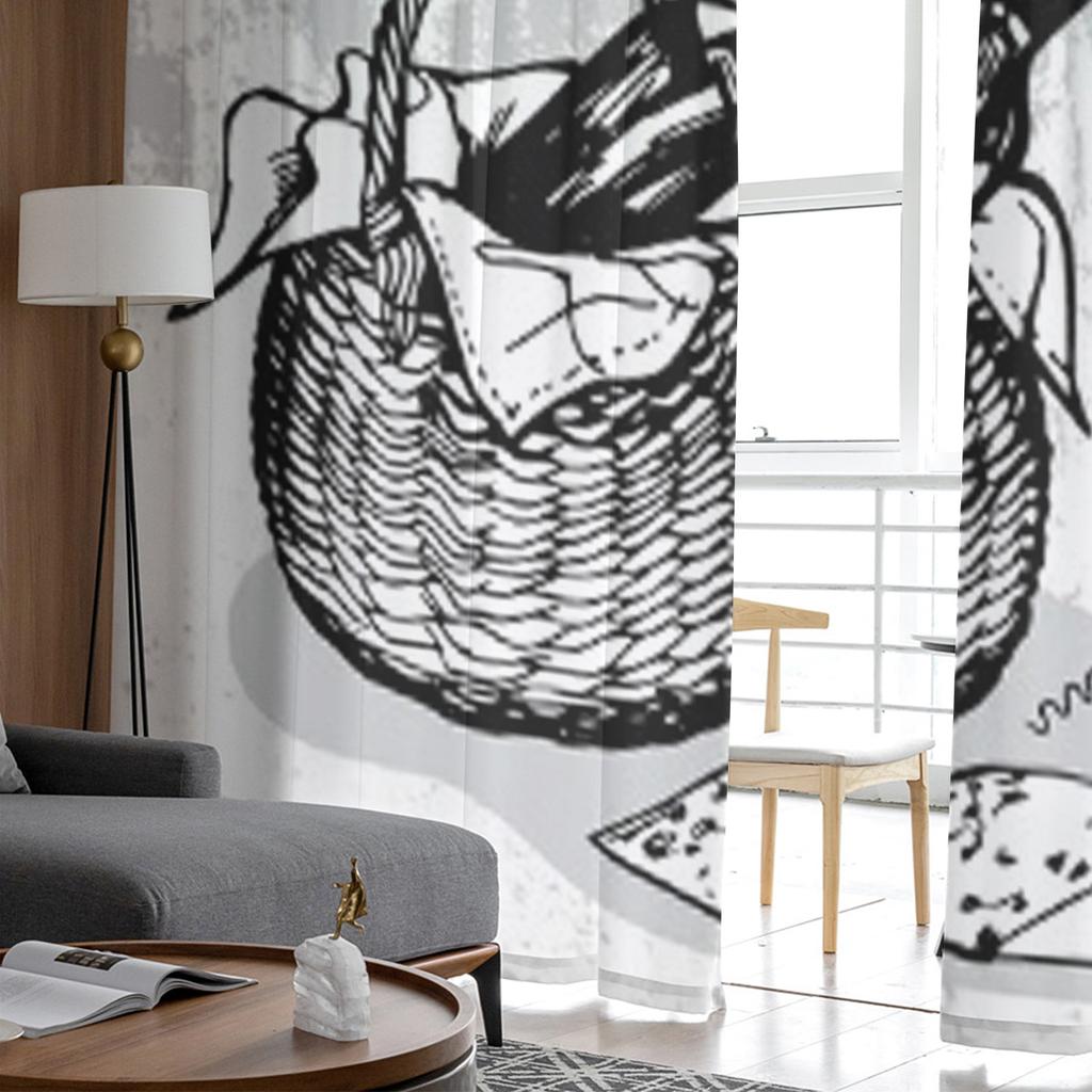 Backet With Bottle Of Wine Wineglass Cheese And Corkscrew Tulle Sheer Curtains for Living Room Home Decor Voile Organza Curtain