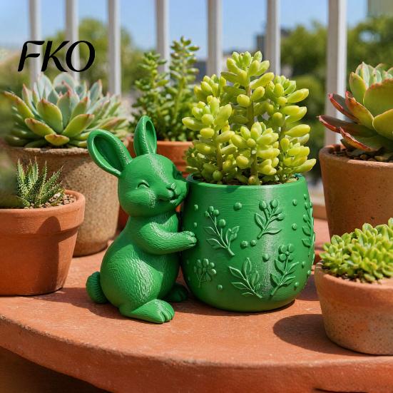 Mini Flowerpot 3D Printed Bunny Hugging Succulents Planter, Cute Rabbit Flower Pot with Embossed Small Desktop Planter Floral Body, Desk Decor