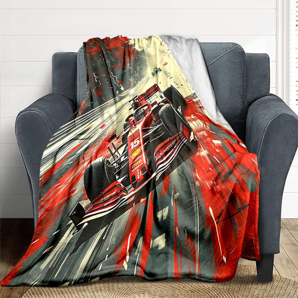1 szt. Koc Flanelowy Wyścigowy Formuła 1 HD Nadruk Lekki Miękki Ciepły Koc na Cały Sezon do Sofy, Łóżka, Podróży, Kempingu Można Prać w Pralce