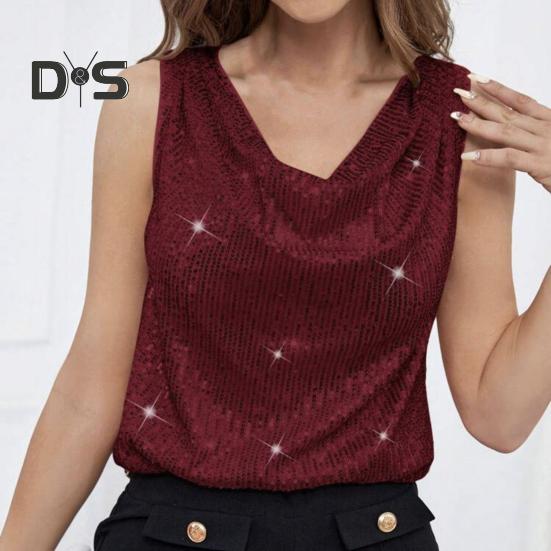 Women Tank Tops Sequin V-Neck Sleeveless T-shirt Shiny Glitter Blouses Sexy Cami Tops for Cocktail Party Clubwear Evening