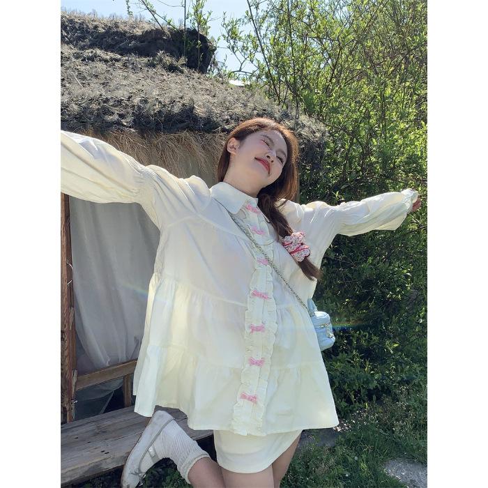 

Design sense chic bow button long sleeve shirt women s autumn new Korean gentle sweet top tide 2XL абрикосовий