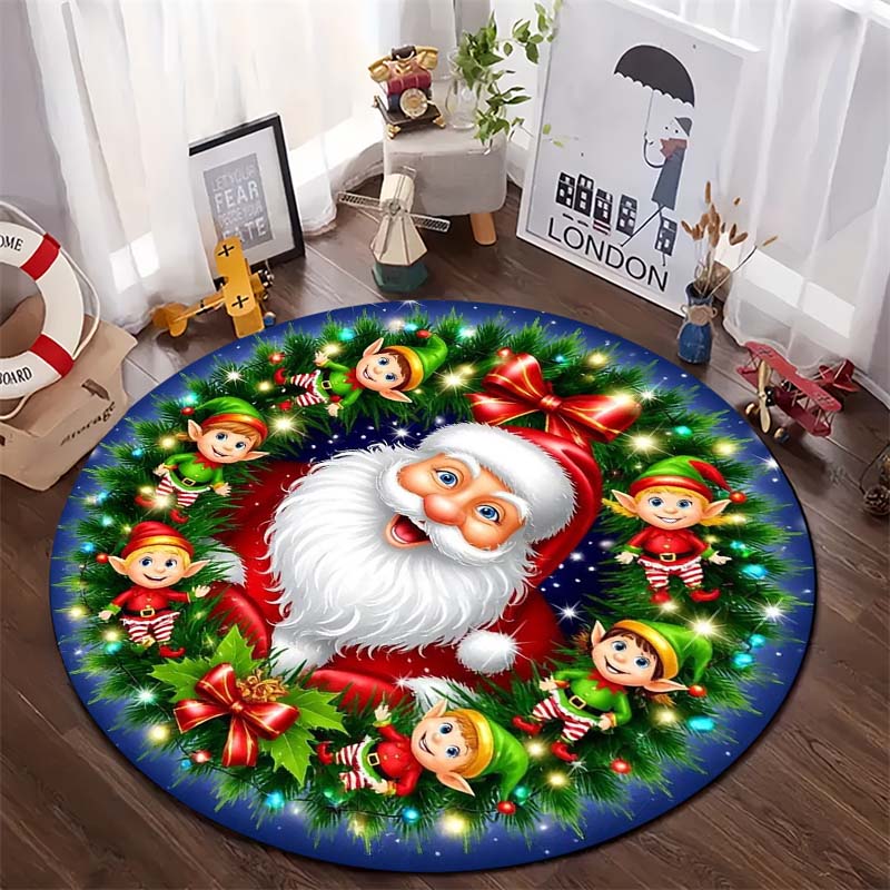 Christmas Round Rug, Santa Claus Train Gift Gingerbread Print Non Slip Floor Mat for Living Room Bedroom Home Decor