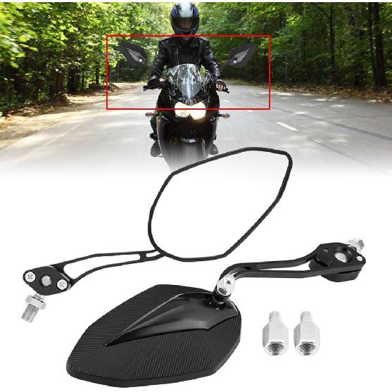 Pair of Motorcycle Mirrors, Black Aluminum Adjustable Stalk, Universal Mount for 8mm or 10mm Handlebar, for Scooters and Bikes