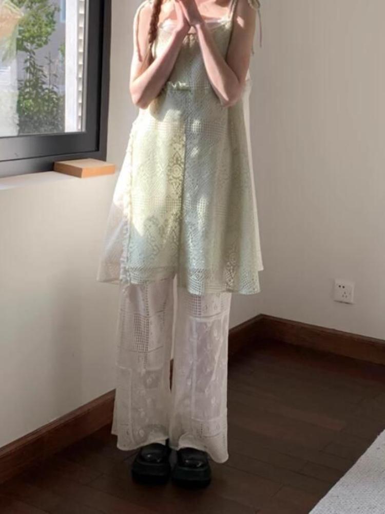 Summer Loose Pants Vintage White Pants Women High Waist Sweet Embroidery Flower Pants Lace Korean Y2k Aesthetic Casual Trousers