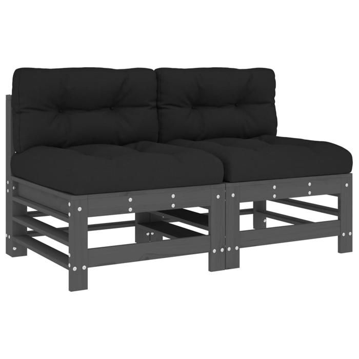 VidaXL Canapés centraux avec coussins 2 pcs gris bois de pin massif, canapé de jardin, siège de jardin, siège d'extérieur, 825690