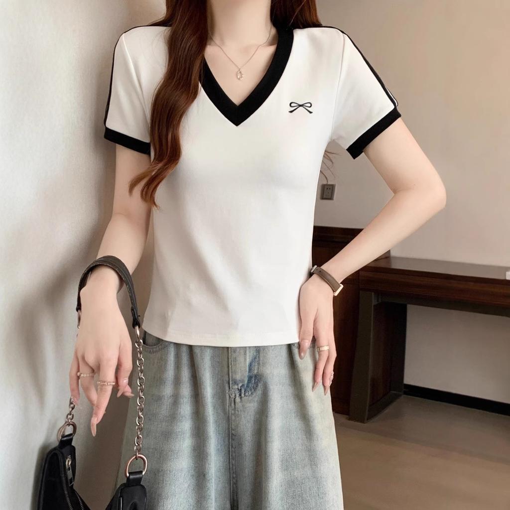 Tricou coreean cu fundă, umeri drepți, decolteu în V, mânecă scurtă casual pentru femei, pentru vară, design nou slim pentru interior