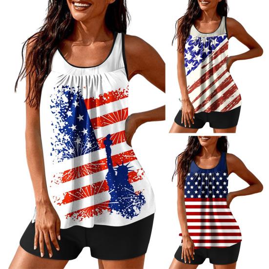 2Pcs/Set Women Tankini Set American Independence Day Print Vest Solid Color Swimming Shorts Set Swimwear