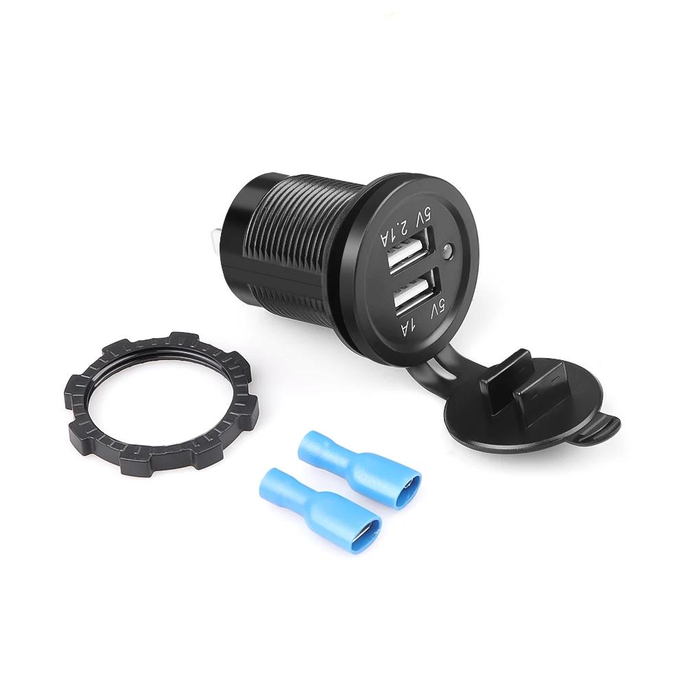 

12V Dual USB Port Car Charger Ports Waterpoof 12V Cigarette Lighter Socket Power Outlet with LED Light for Motorcycle Car Charge