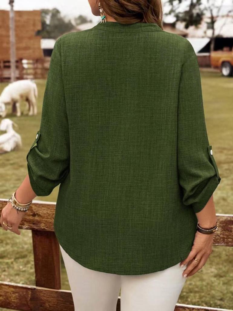 2025 Plus Size Women's V-Neck Button Top - European/American Spring & Autumn Fashion