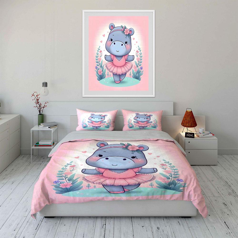 Cute Hippo In Pink Dress Strolling Duvet Cover Set With 3D Printing Design Soft Polyester Bedding Set All-Season Comfort