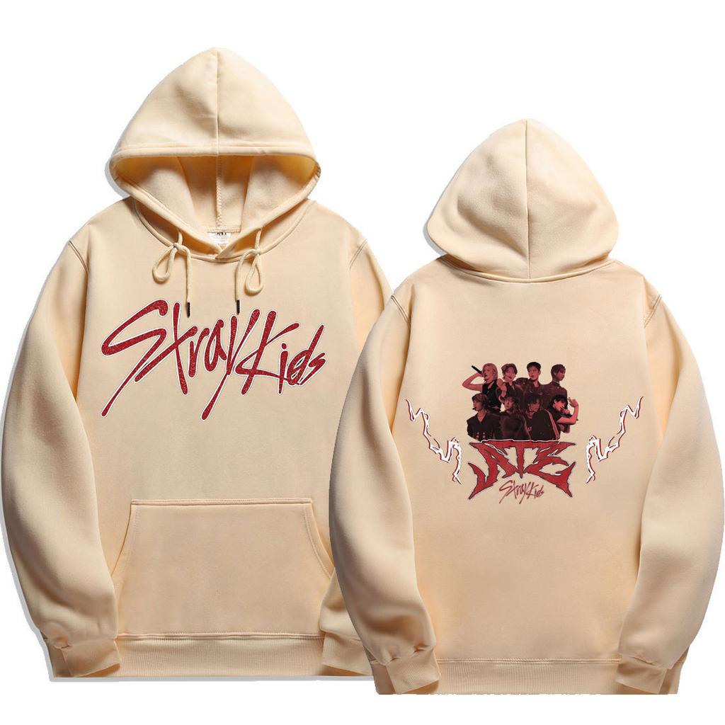 Stray Kids Script Logo ATE Group Lightning Hoodie Stray Kids Members Group Photo with White Lightning & ATE Metal Logo, Oversized K‑Pop Fan Pullover
