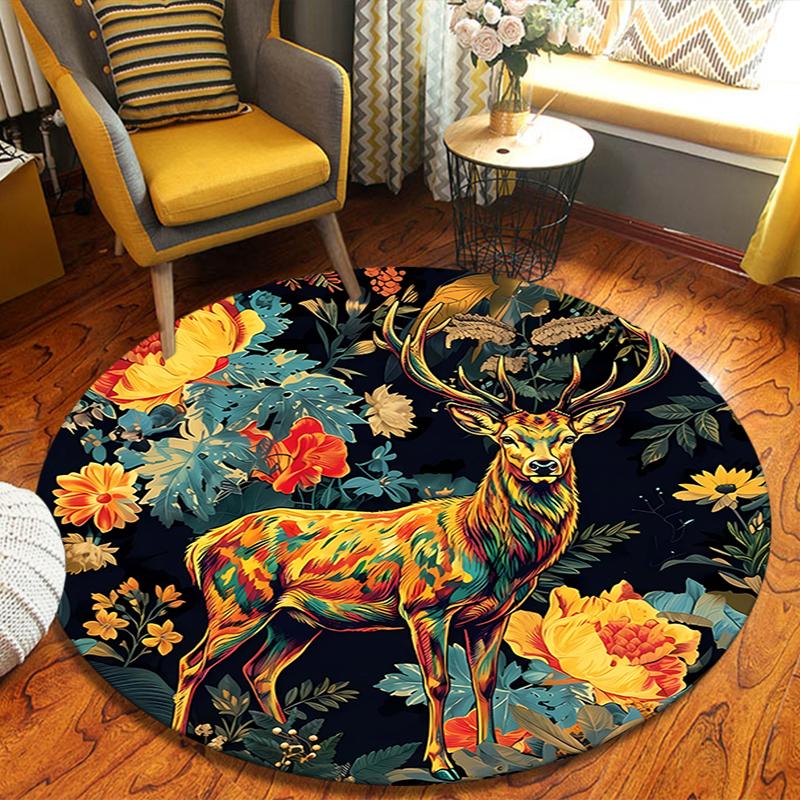 Deers Round Area Rug,Carpet Rug for Living Room Bedroom Sofa Playroom Decor,Non-slip Floor Mat