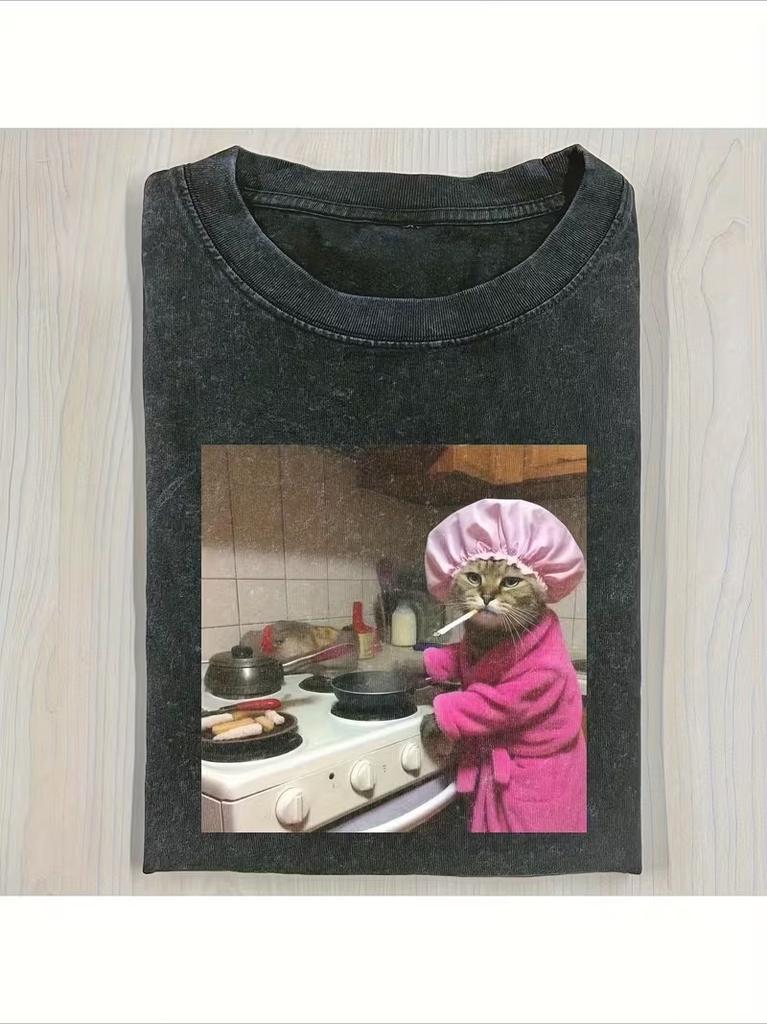 Men's Trendy Quirky Cat T-Shirt Retro Style Short Sleeved Round Neck T-Shirt for