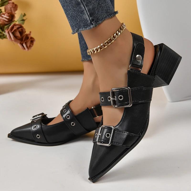 Fashion Women's High Heels, Women's Punk Pointed Thick Heels, Shallow Buckle Sandals, Women's Fashionable Retro Suspender Party Shoes