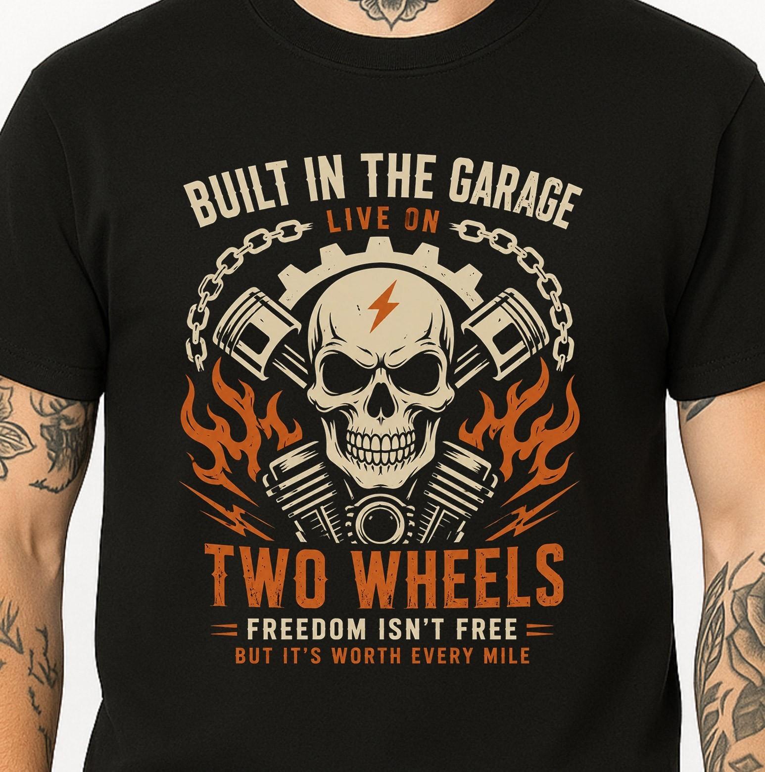 Skull Biker Two Wheels Graphic Motorcycle Engine Garage Piston Freedom Tee. XS