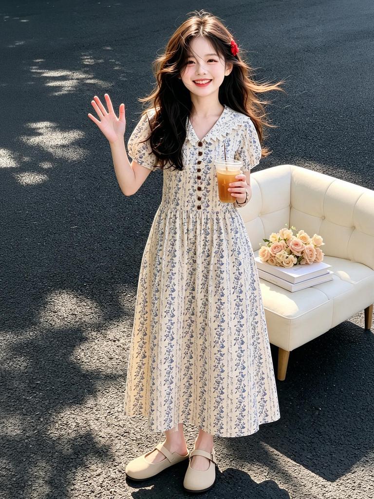 Girl's Elegant Blue & White Floral Lapel Summer Dress 2026