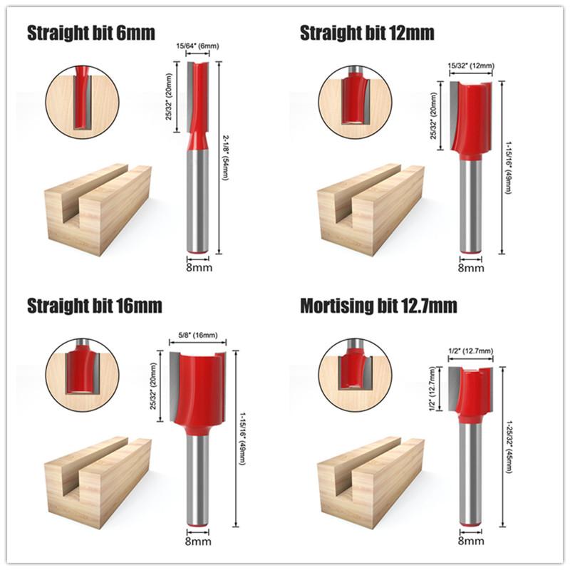 15pcs 1/4inch 8mm 6mm Router Bit Set Trimming Straight Milling Cutter for Wood Bits Tungsten Carbide Cutting Woodworking
