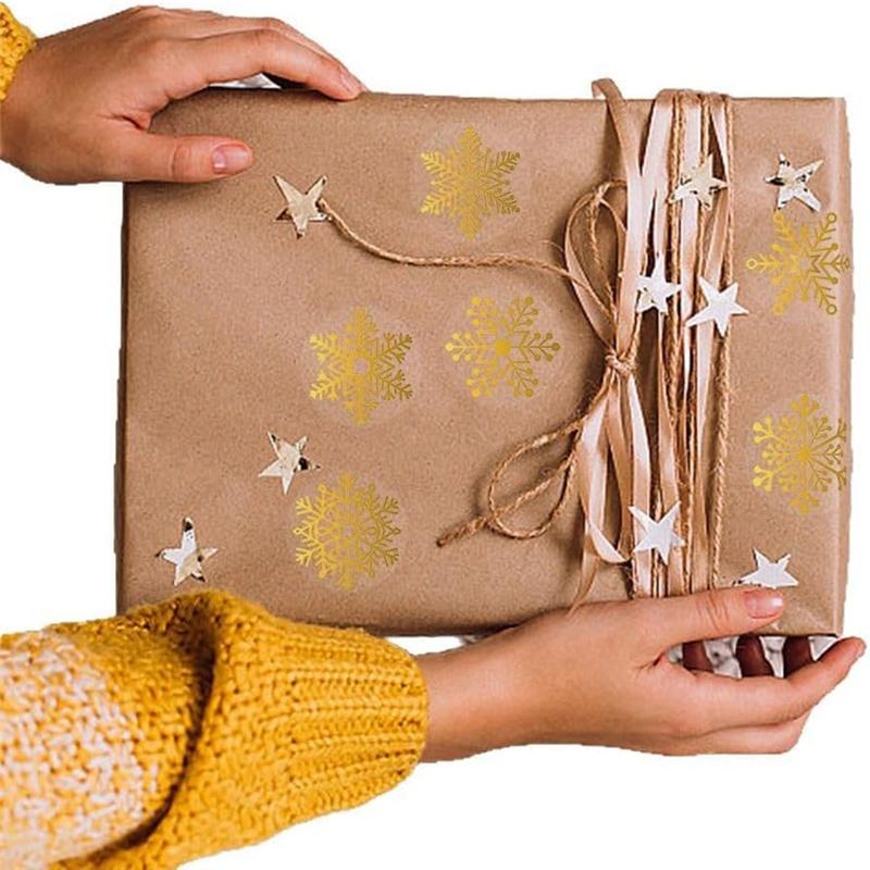 Snowflake Christmas Stickers Roll-Gold Foil 2500Pcs-Clear Round Adhesive Labels For Holiday Decor