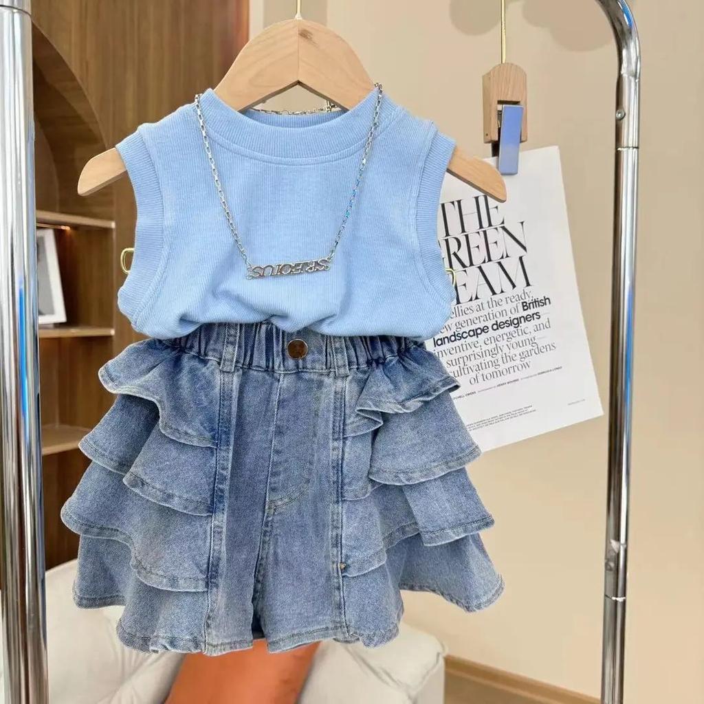Girls' Summer Set Korean Sleeveless Vest Solid Color Sweet and Trendy Pleated Skirt Pants Stylish and Trendy