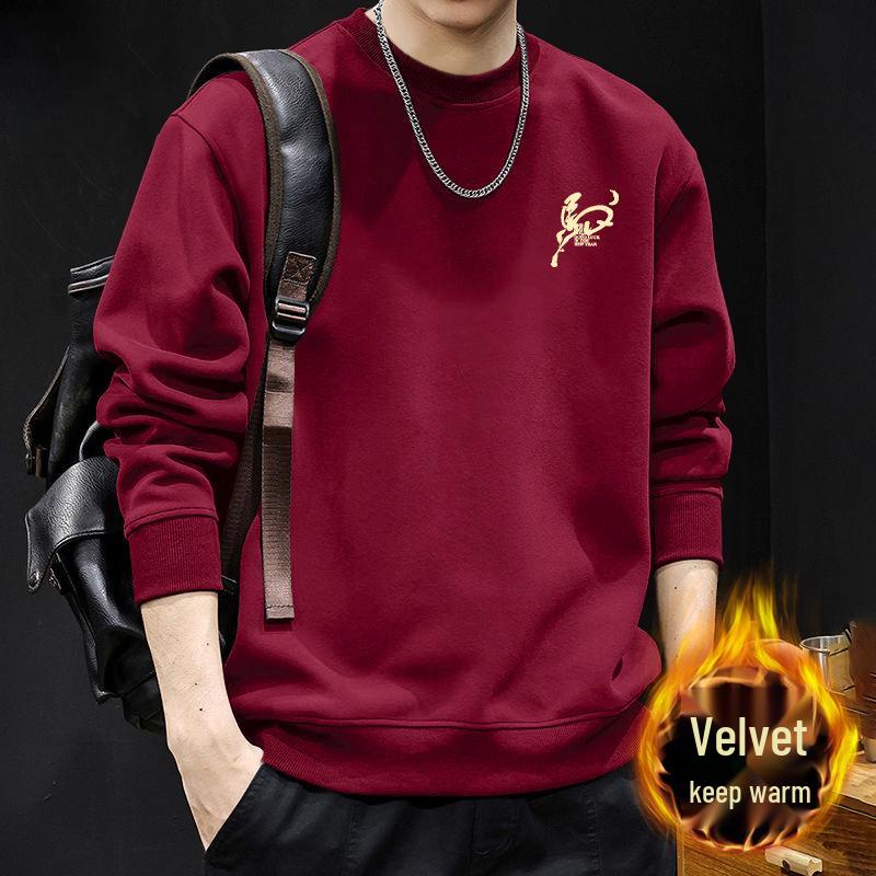 Guochao Men's Oversize Black Hoodie with Round Neck - Warm, Thick, Plus Size for Spring and Autumn.