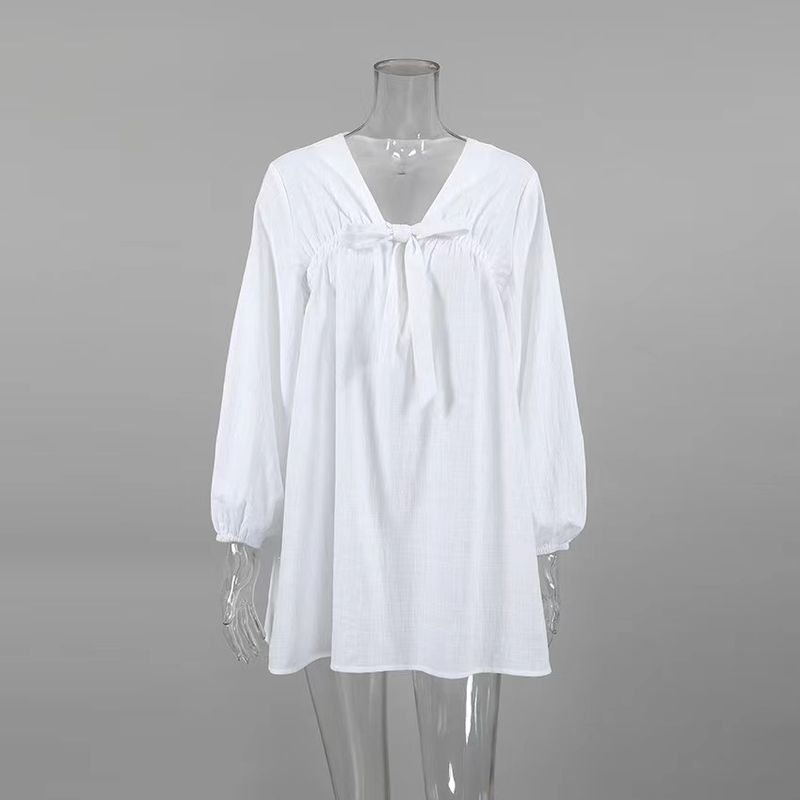 

Fashion Summer Pure Color Short Long Sleeves Loose Plaid Dress Short Loose Fitting Dress White M