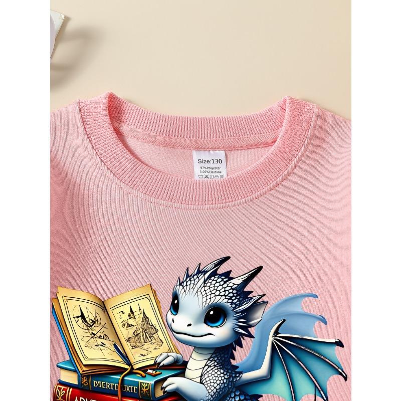 Kids Long‑Sleeve Crewneck Sweatshirt, Cute Dragon Reading Adventure Books Print,Daily Casual Top for Spring & Autumn
