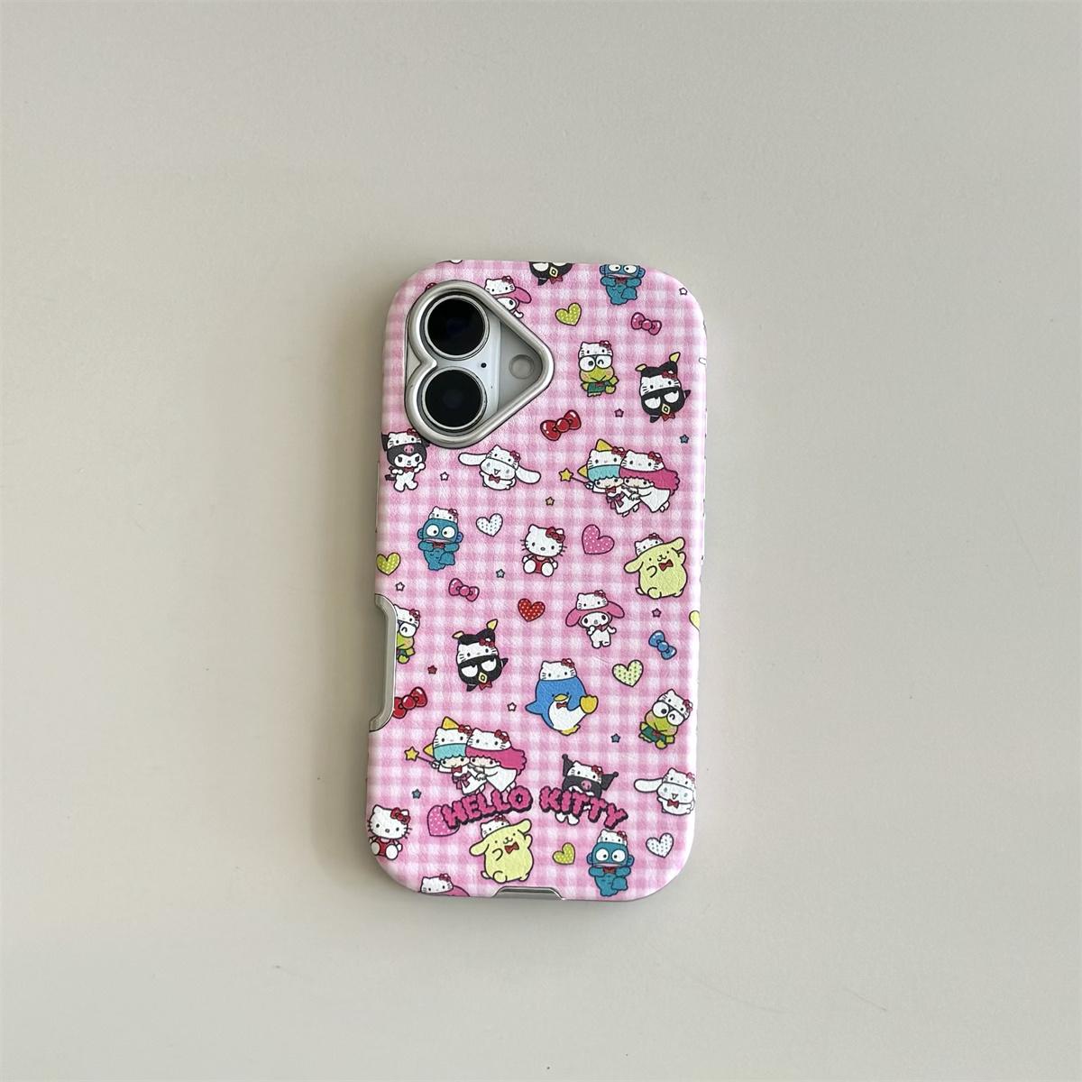 

New pink checkered HelloKitty leather Phone Case For iPhone 16 15 14 13 Pro Max fundas iphone 15 case Protective cover 15pro For iPhone 14