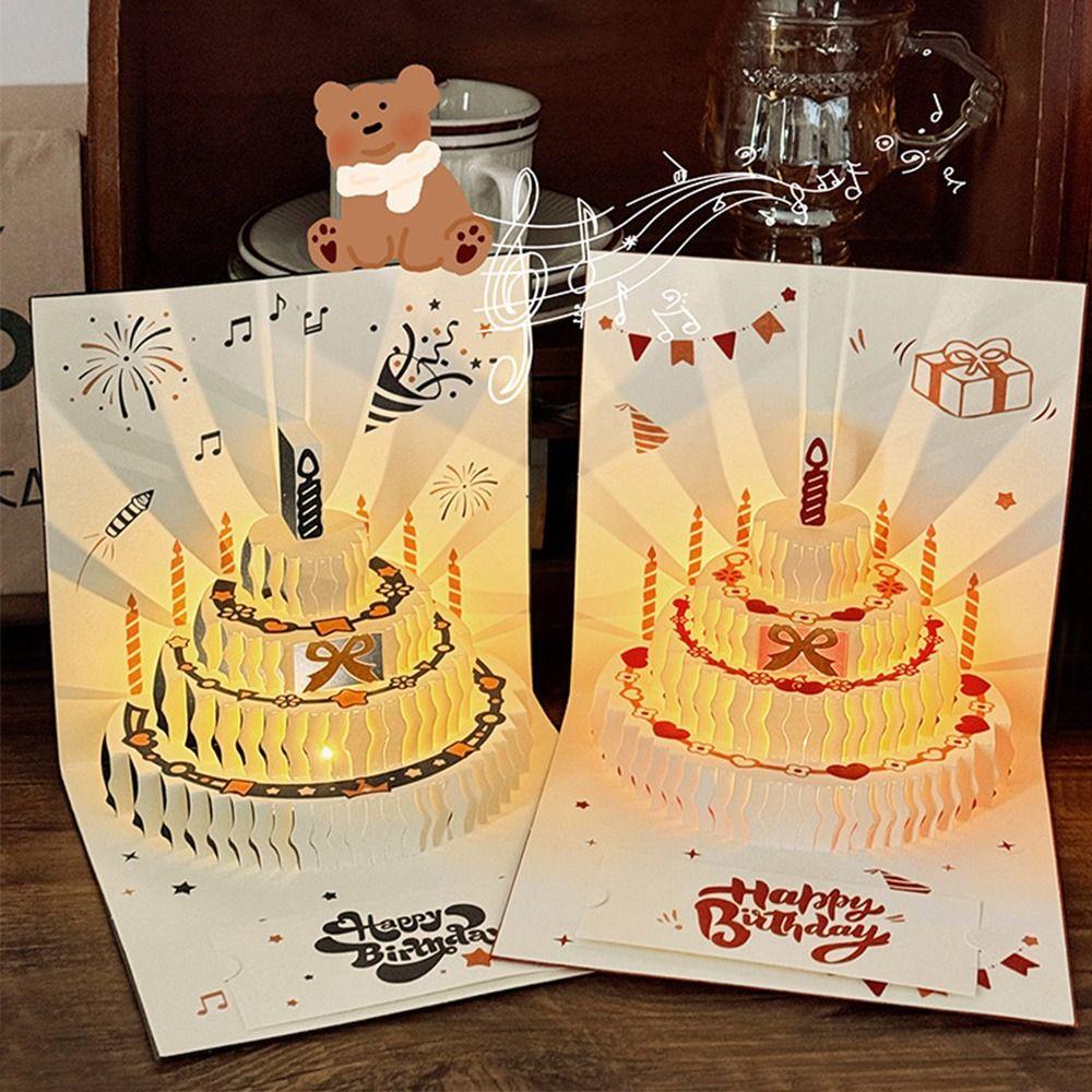 3D Happy Birthday Card Four-Layer Birthday Cake with Envelope Gift Card Foldable Music Light Message Card Party Party Supplies