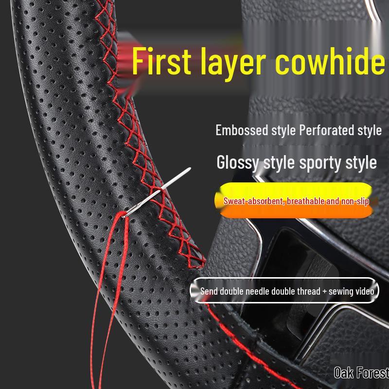 Χειροποίητο Κάλυμμα Τιμονιού από Γνήσιο Δέρμα, Αντιολισθητικό, Άνω Στρώμα από Δέρμα Αγελάδας που Απορροφά τον Ιδρώτα, Καθολικό για Όλες τις Εποχές.