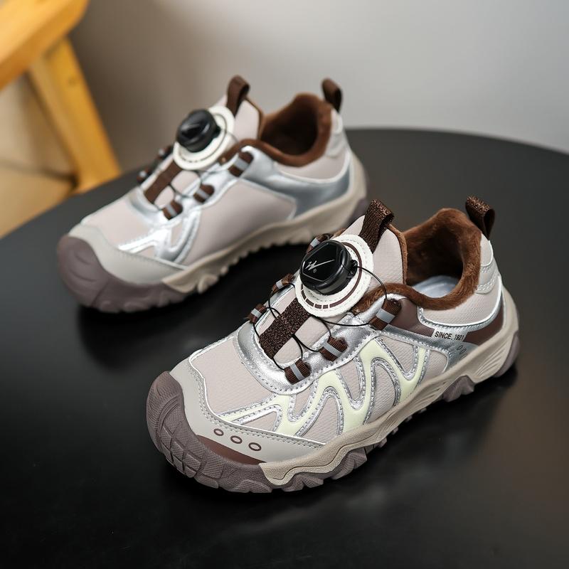 Plush Lined Kids Trainers Dial Cord Lock Wavy Side Panel Round Toe Winter Everyday Shoes 28-40